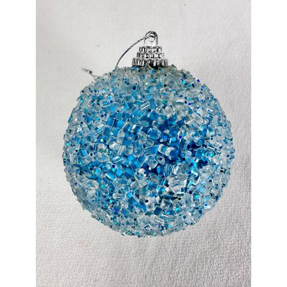 Blue and White Beaded 3” Christmas Ball Ornament with Sparkles Vintage - Picture 2 of 4
